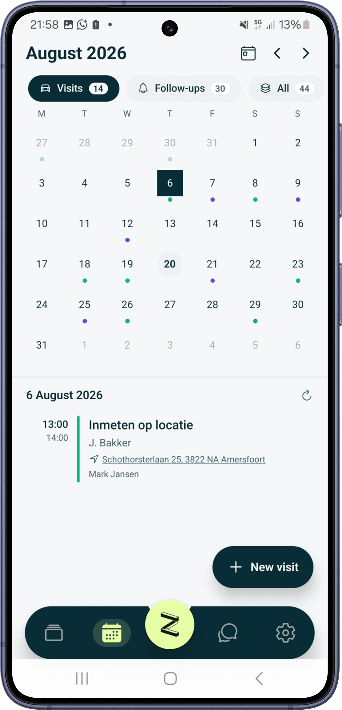 De Zinevu-app met de planningskalender met inmeetbezoeken en opvolgingen voor de maand