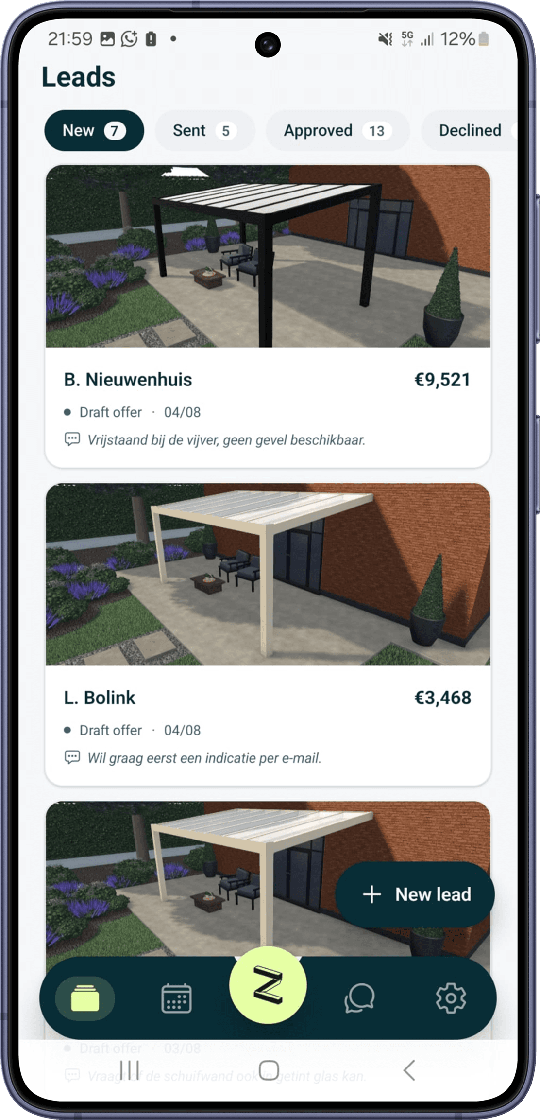 De Zinevu-app met de lijst met leads, 3D-verandavoorbeelden en offertebedragen
